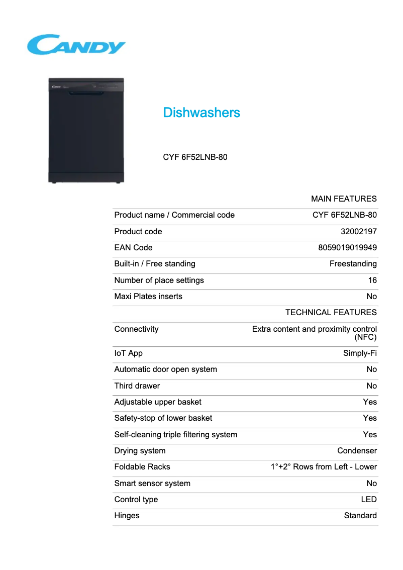Page 1 de la notice Fiche technique Candy CYF 6F52LNB