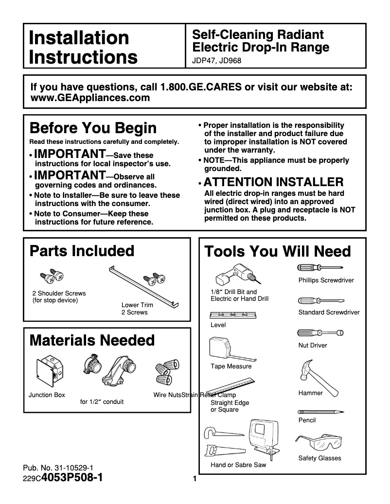 Page 1 de la notice Guide d'installation GE Profile JD968SFSS