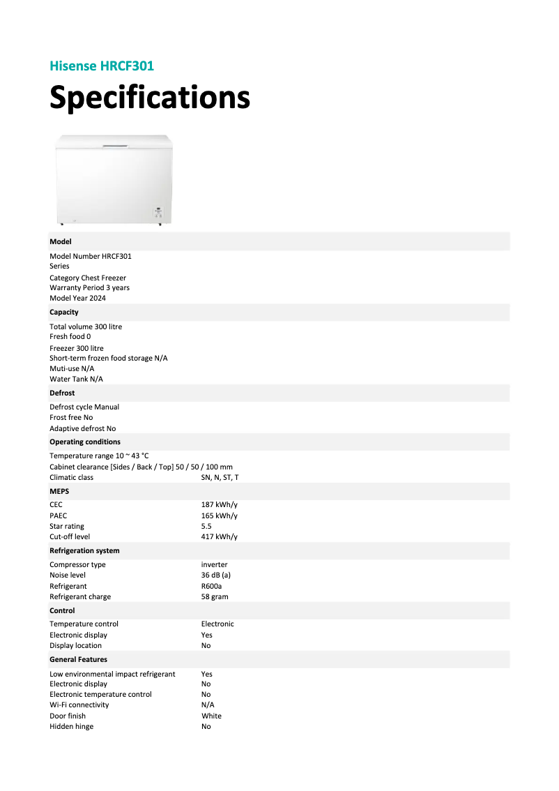 Page 1 de la notice Fiche technique Hisense HRCF301