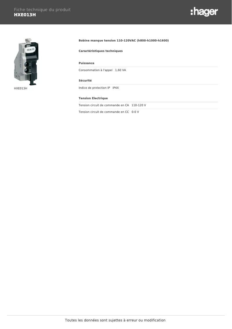 Page n°1 - Fiche technique Hager HXE013H