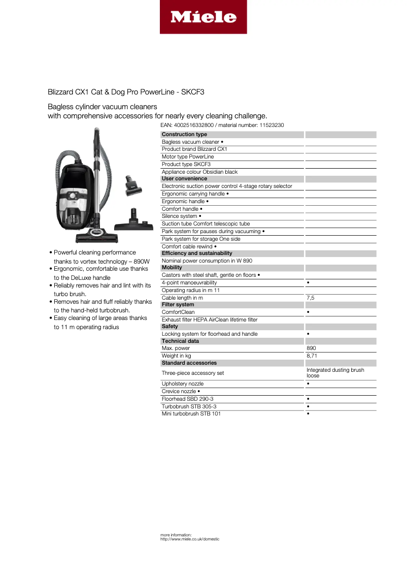 Page n°1 - Fiche technique Miele Blizzard CX1 Cat & Dog Pro PowerLine