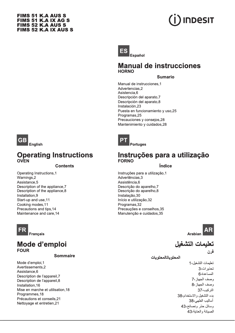 Page n°1 - Manuel utilisateur Indesit FIMS 52 K.A IX AUS S