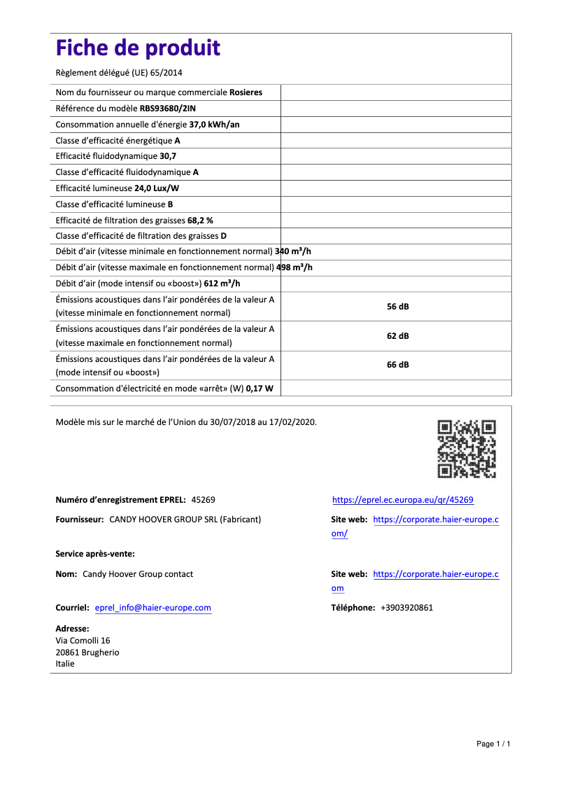 Page 1 de la notice Manuel utilisateur Rosieres RBS 93680/2 IN