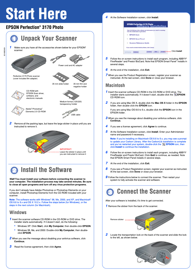 Page 1 de la notice Manuel utilisateur Epson Perfection 3170 Photo