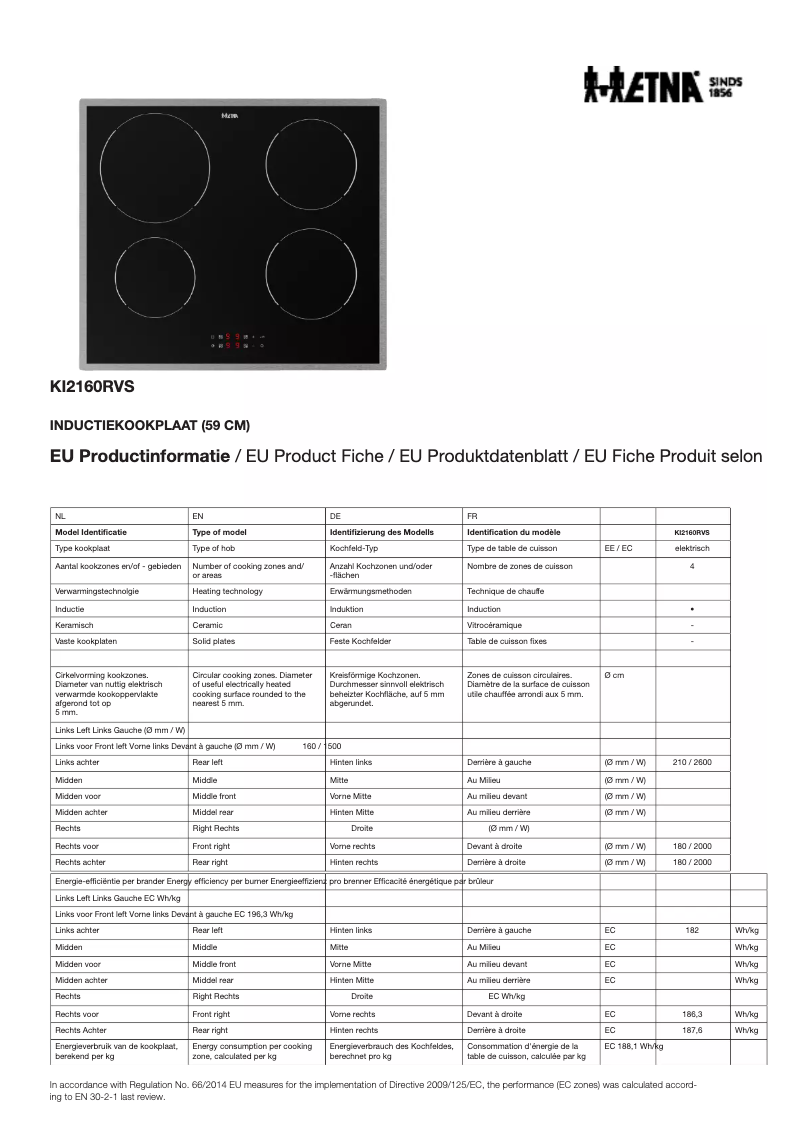 Page 1 de la notice Fiche technique Etna KI2160RVS