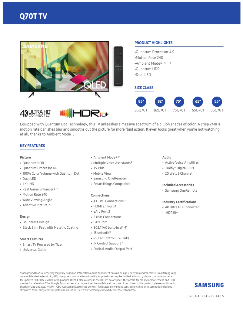 Page 1 de la notice Fiche technique Samsung QN75Q70TAFXZA