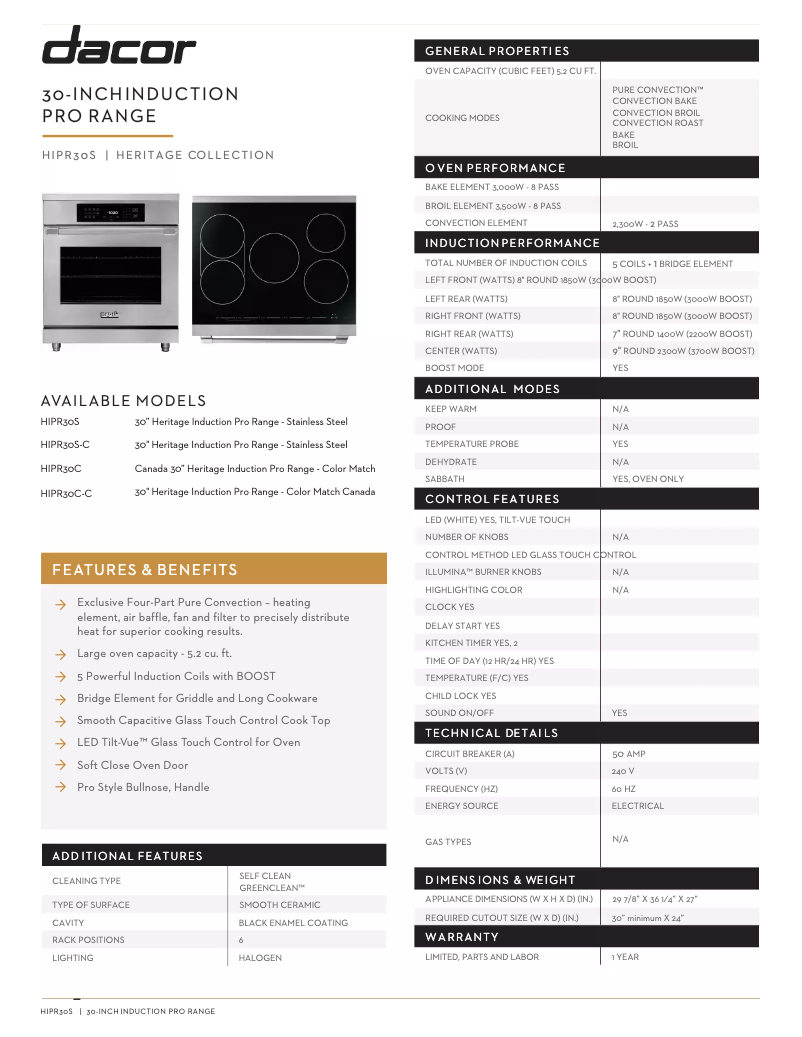 Page n°1 - Fiche technique Dacor HIPR30S