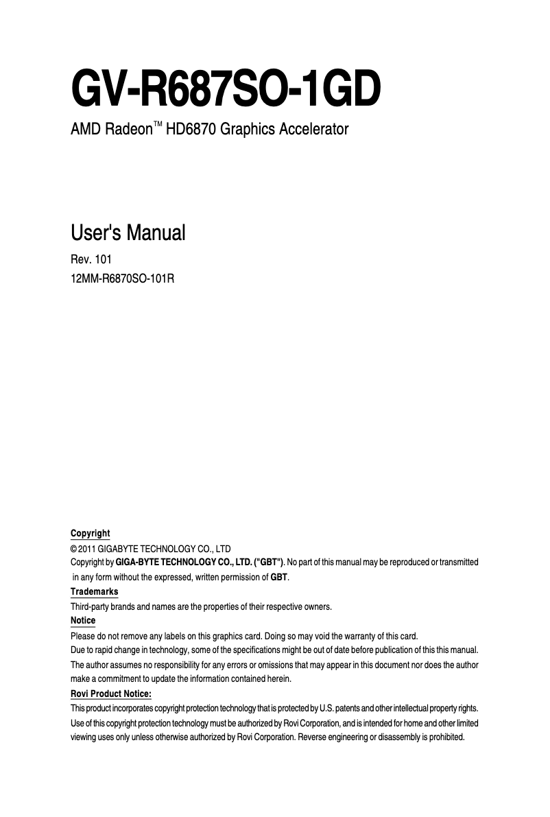 Page 1 de la notice Manuel utilisateur Gigabyte GV-R687SO-1GD