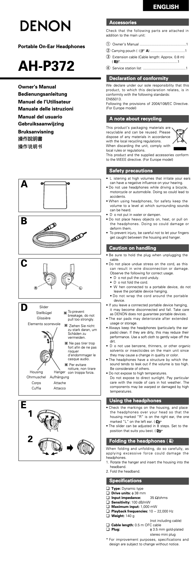 Page 1 of the manual User Manual Denon AH-P372W