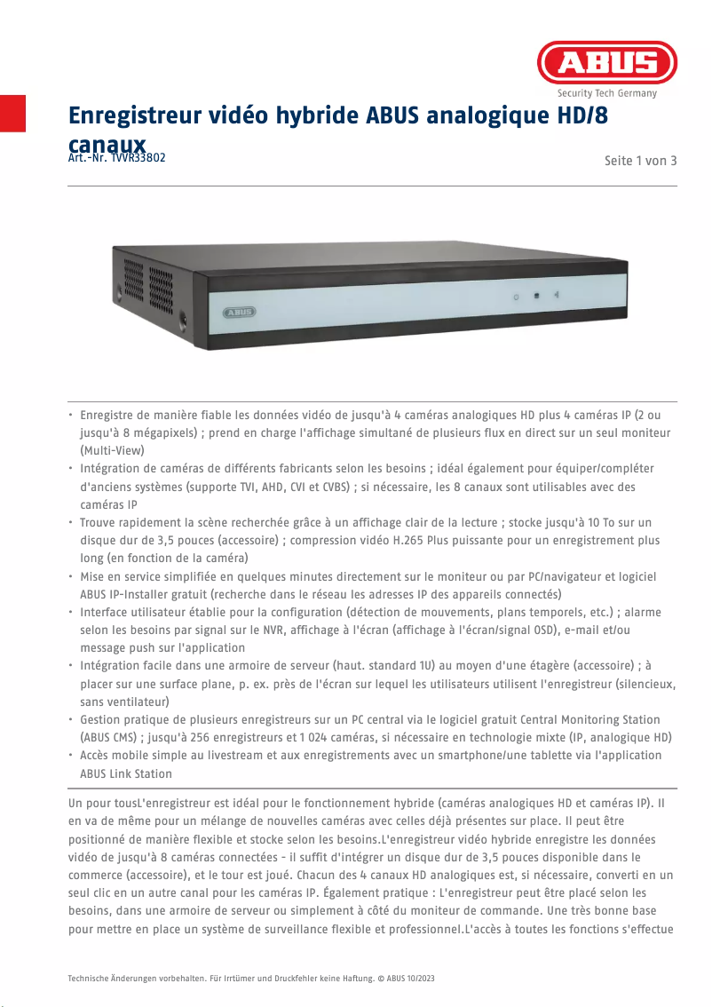 Page n°1 - Fiche technique Abus TVVR33802