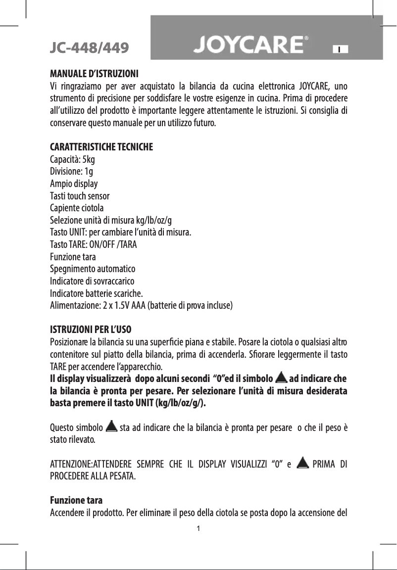 Page 1 de la notice Manuel utilisateur Joycare JC-448