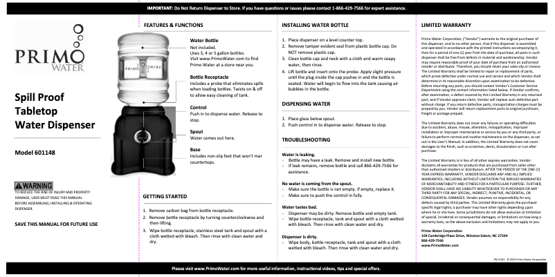 Page n°1 - Manuel utilisateur Primo Water Home 601148
