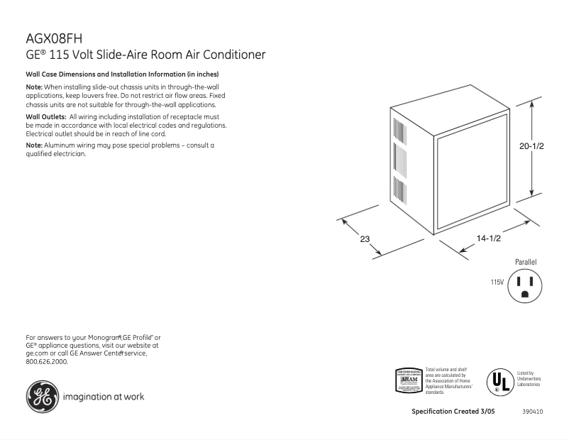 Page 1 de la notice Fiche technique GE AGX08FH