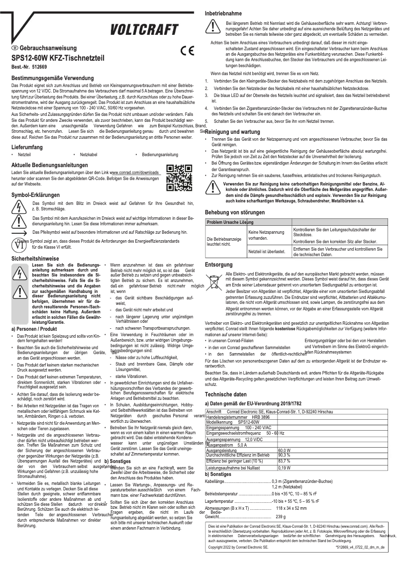 Page 1 de la notice Manuel utilisateur Voltcraft SPS12-60W KFZ