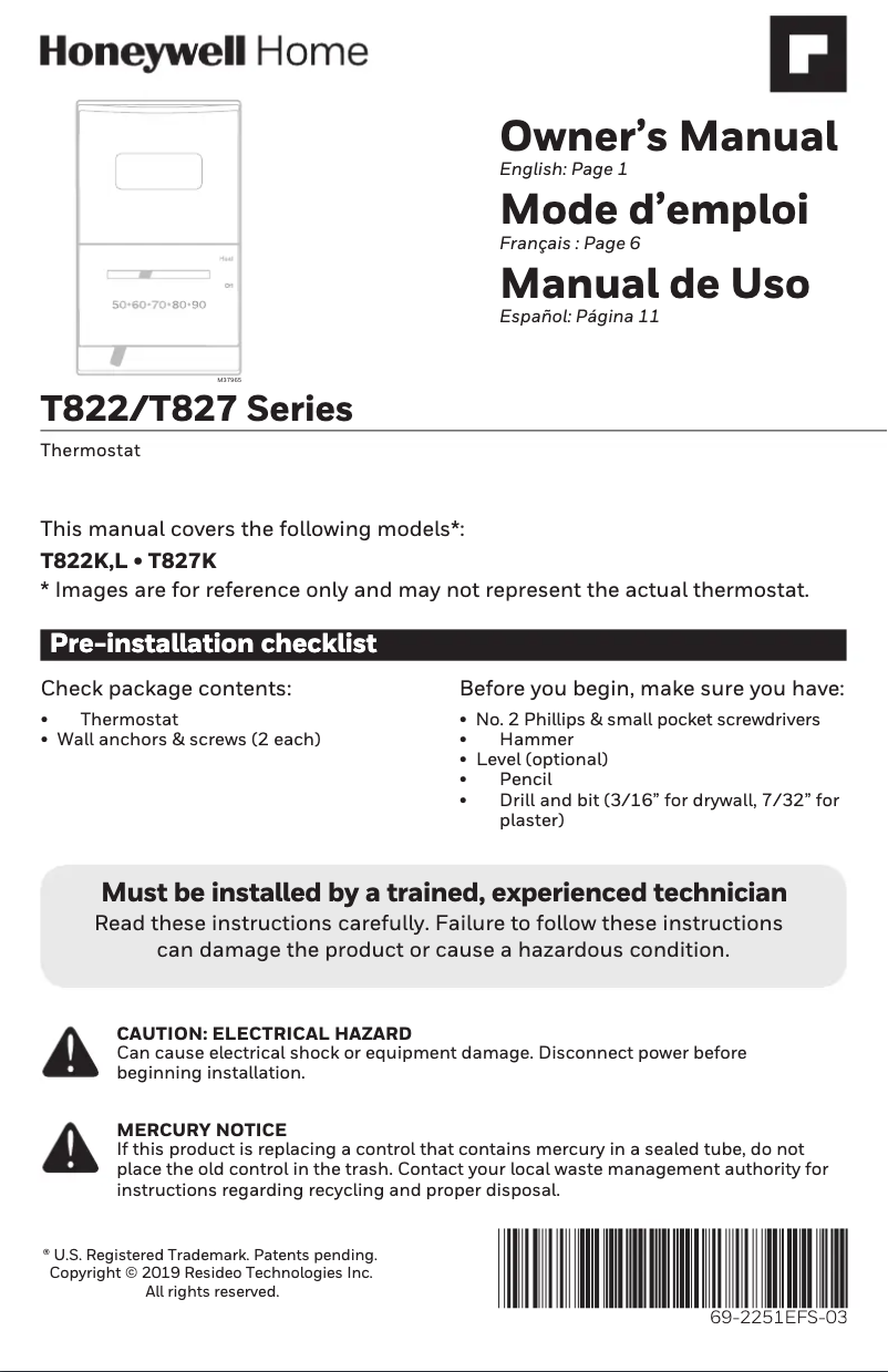 Page 1 de la notice Manuel utilisateur Honeywell T8034N1007/U
