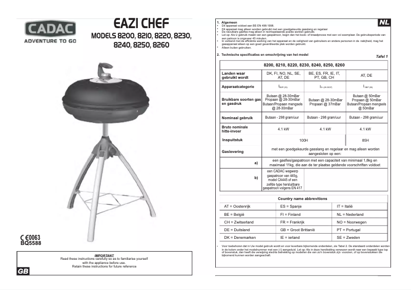 Page 1 de la notice Manuel utilisateur Cadac Eazi Chef 8220
