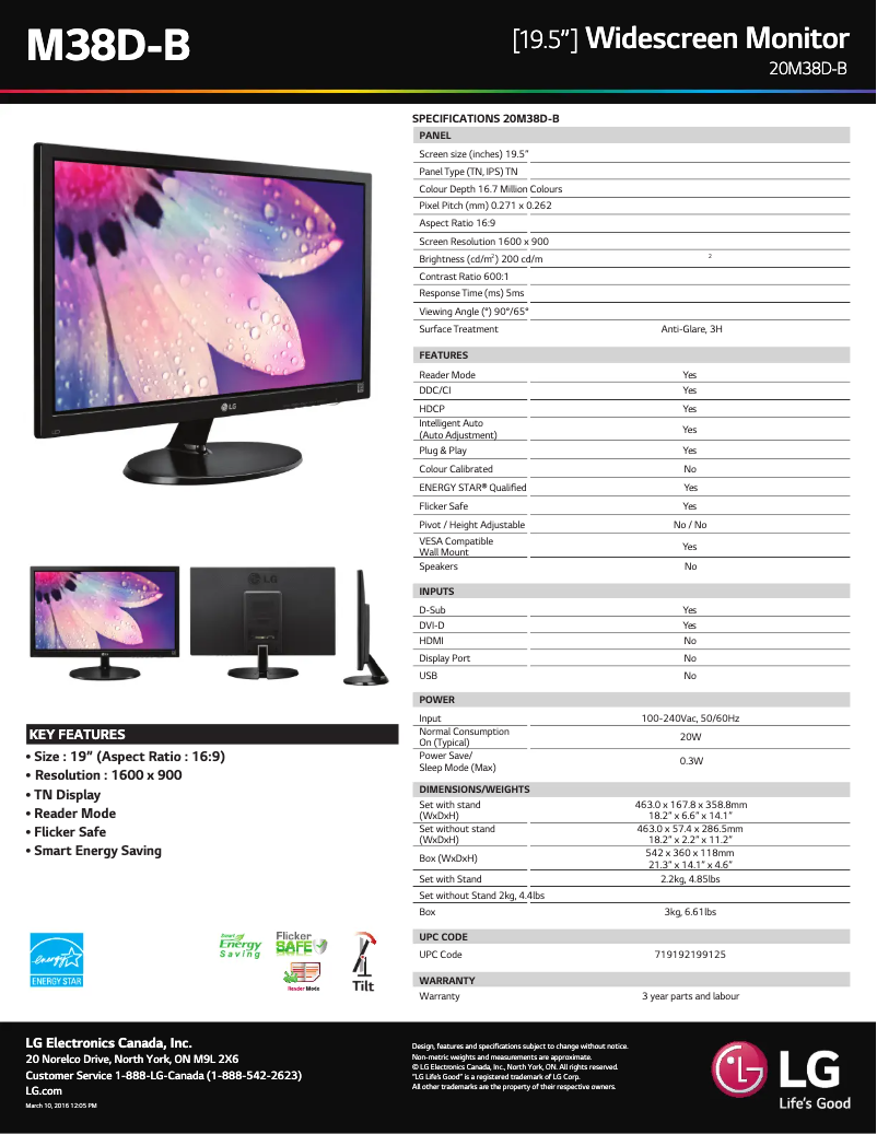 Página 1 del manual Ficha técnica LG 22M38D-B