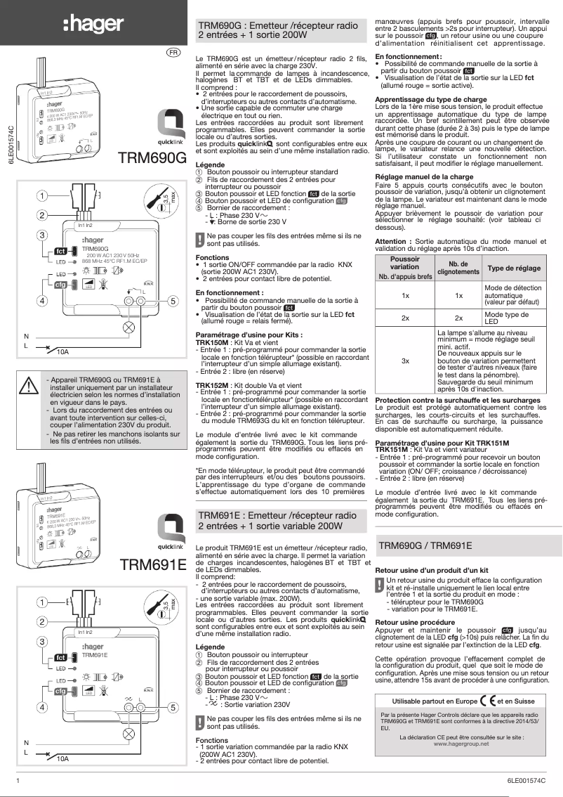 Page n°1 - Manuel utilisateur Hager TRK152M