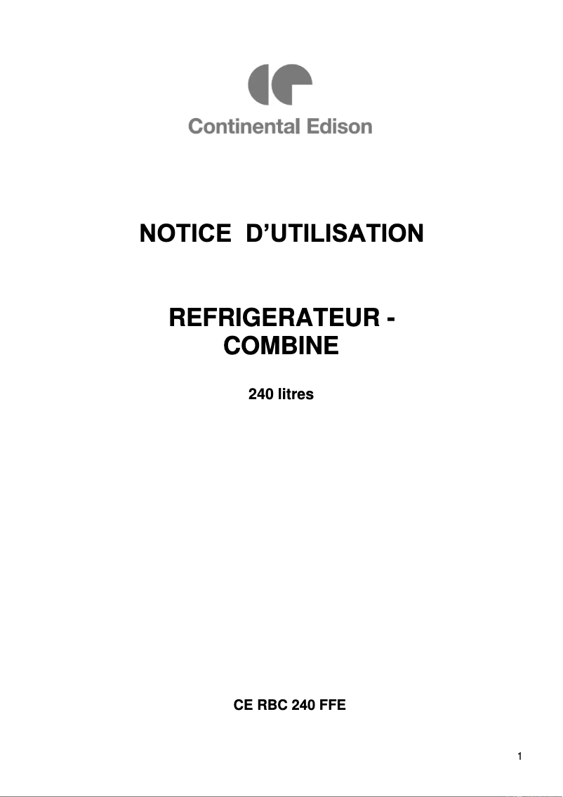 Page 1 de la notice Manuel utilisateur Continental Edison CERBC240FFE
