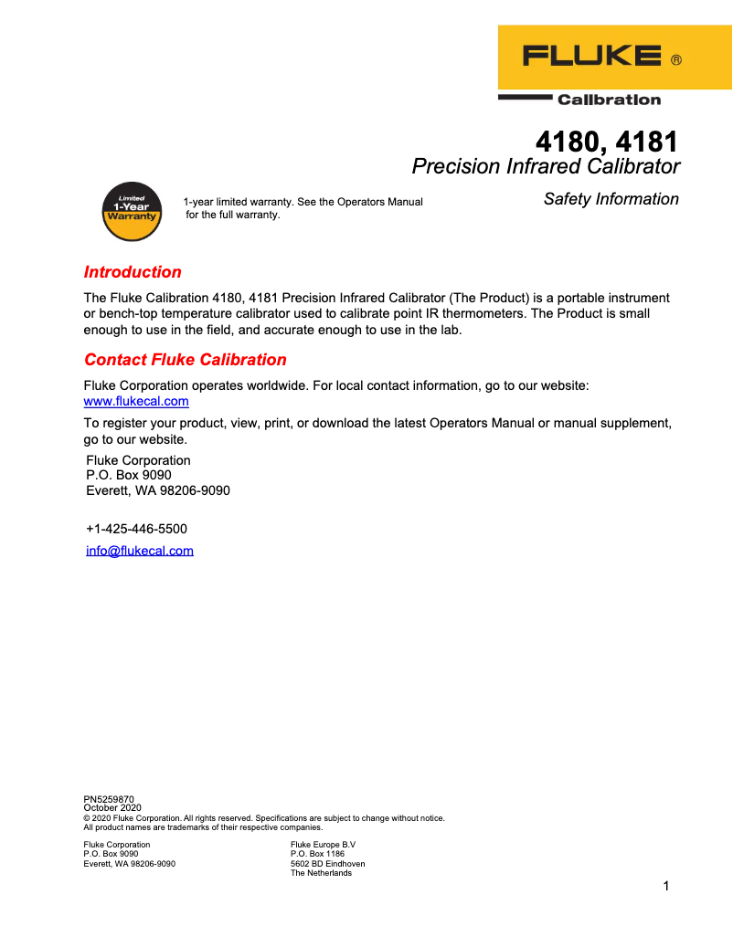 Página 1 del manual Instrucciones de seguridad Fluke 4180