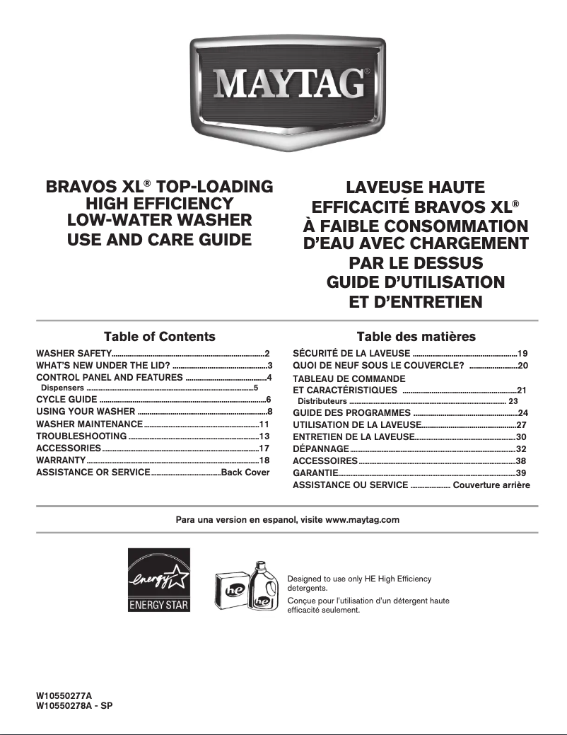 Page 1 de la notice Manuel utilisateur Maytag MVWB725BW Bravos