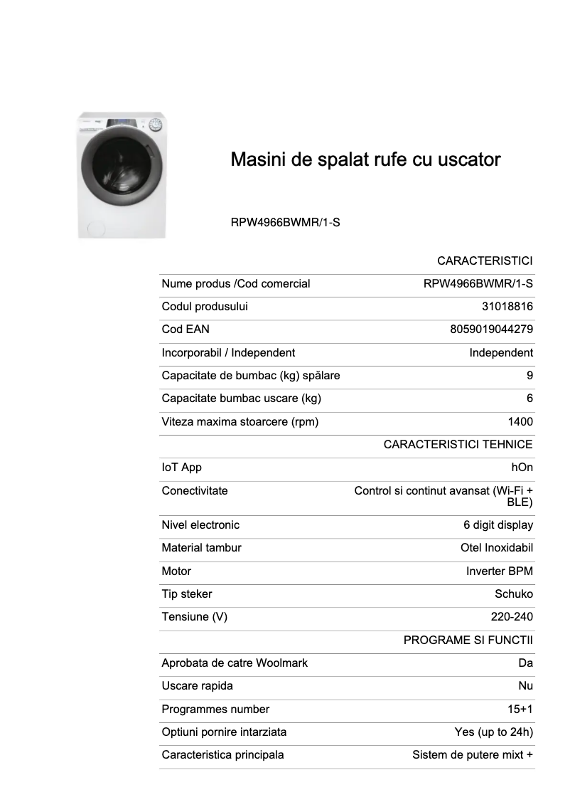 Page 1 de la notice Fiche technique Candy RPW4966BWMR/1-S