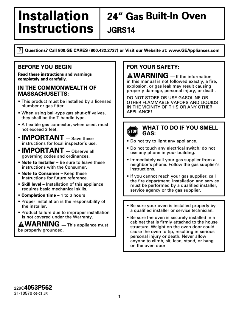Page 1 de la notice Guide d'installation GE JGRS14BEWBB