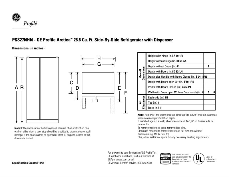 Page n°1 - Fiche technique GE PSS27NHNBB