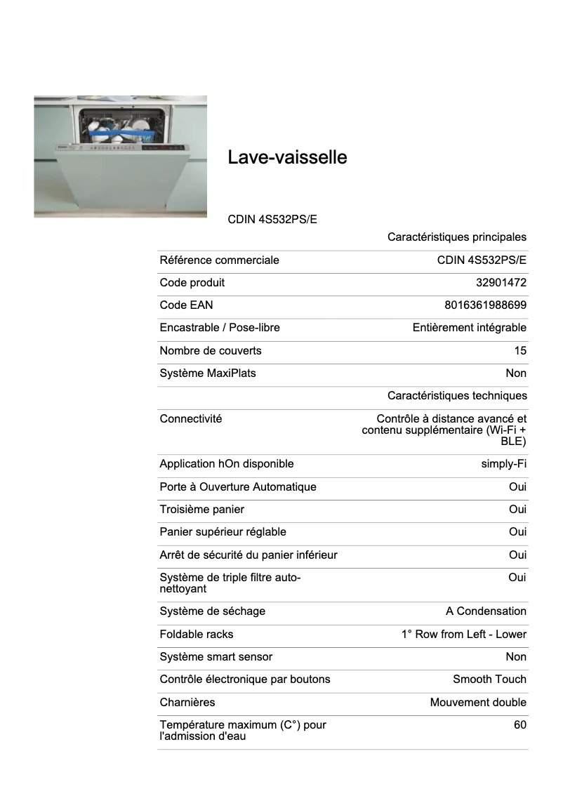 Page 1 de la notice Fiche technique Candy CDIN 4S532PS/E