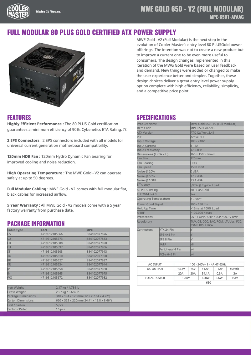 Page n°1 - Manuel utilisateur Cooler Master MWE Gold 650 V2