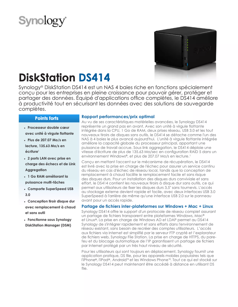 Page 1 de la notice Fiche technique Synology DiskStation DS414