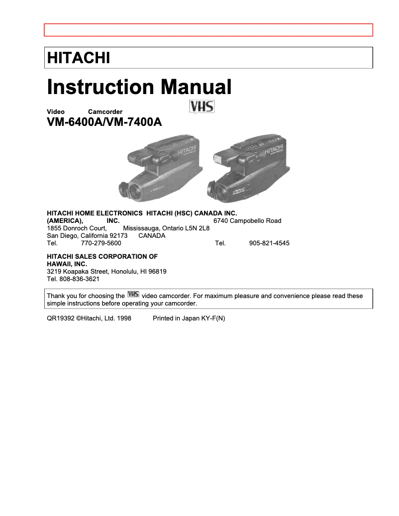 Página 1 del manual Manual de usuario Hitachi VM-7400A
