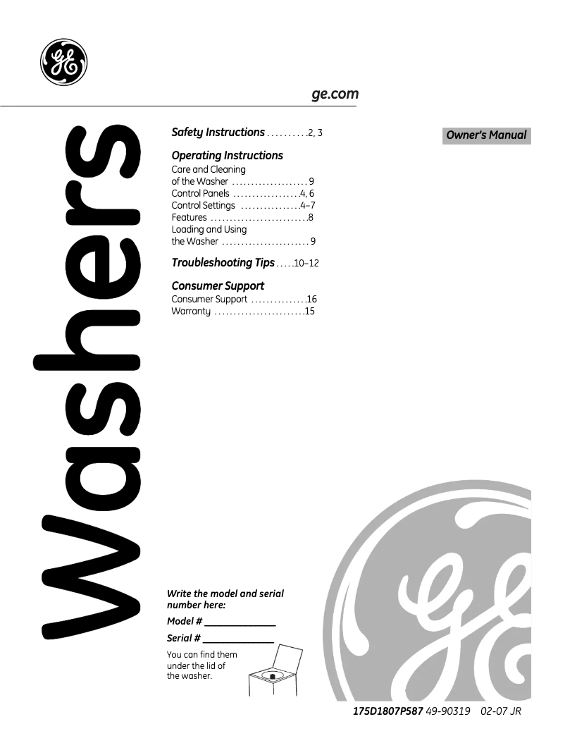 Page n°1 - Manuel d'utilisation et d'entretien GE WDSR2080GCC