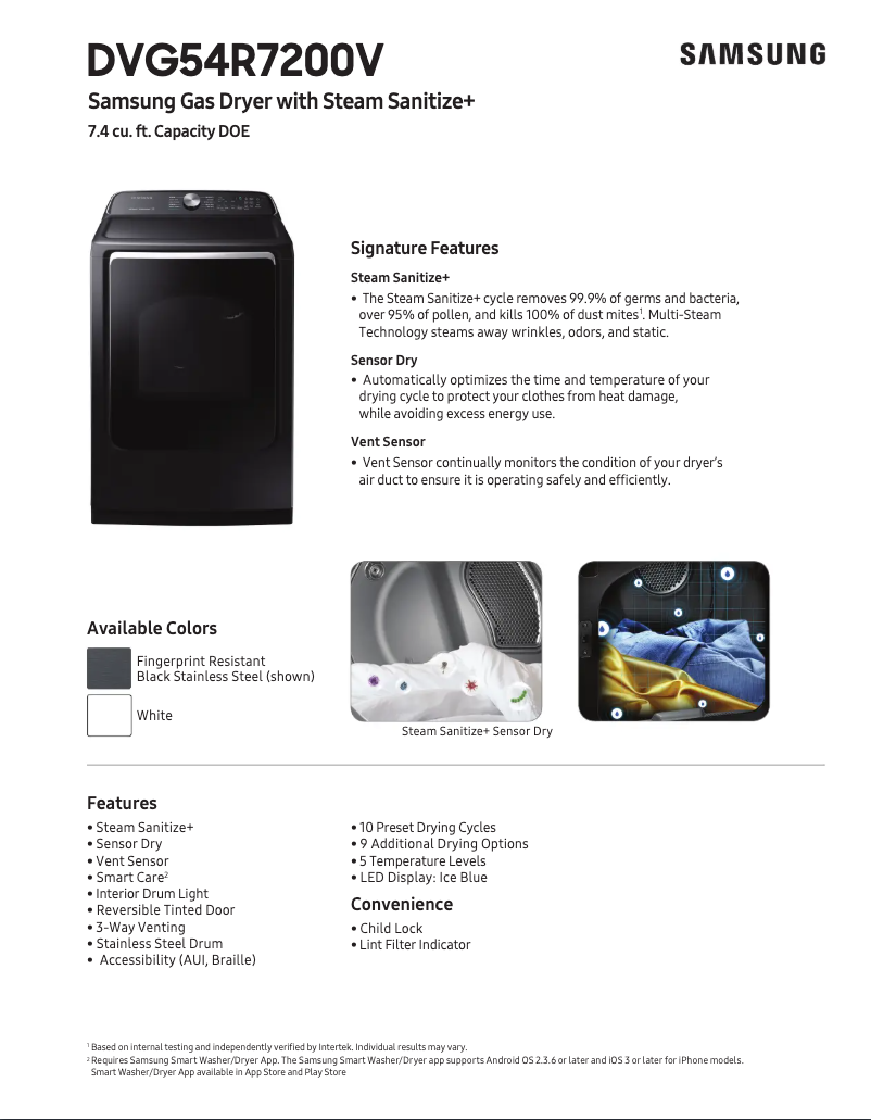 Page 1 de la notice Fiche technique Samsung DVG54R7200V