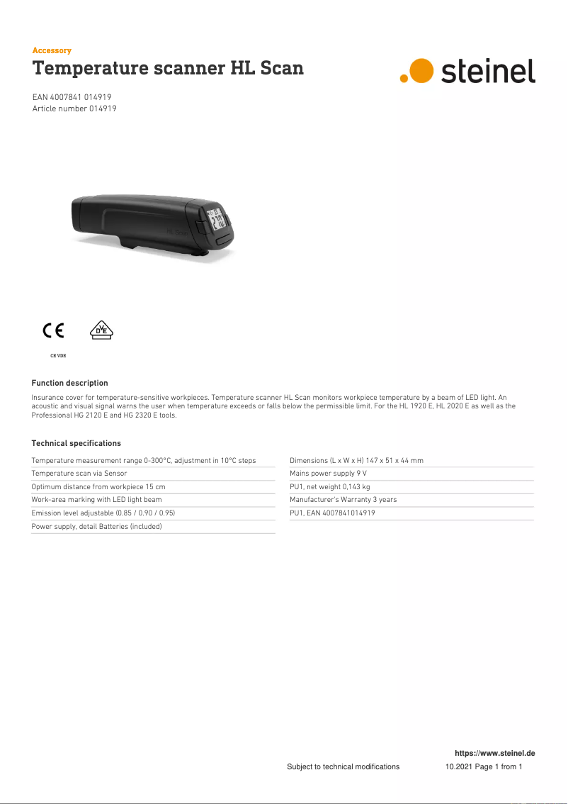 Página 1 del manual Ficha técnica Steinel HL Scan