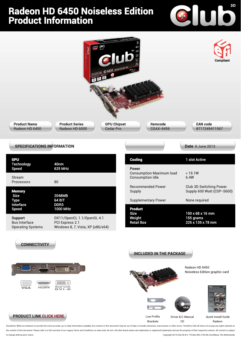 Page 1 de la notice Manuel utilisateur CLUB3D Radeon HD 6450 Noiseless Edition