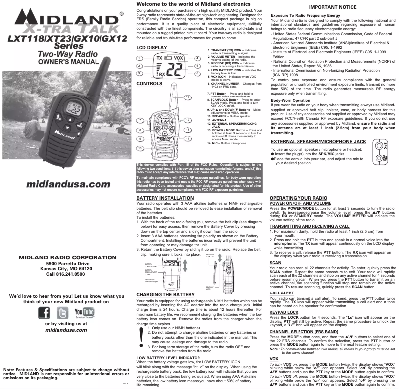 Page 1 de la notice Manuel utilisateur Midland LXT118VP