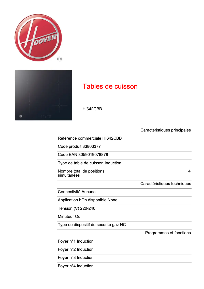 Page 1 de la notice Fiche technique Hoover HI642CBB