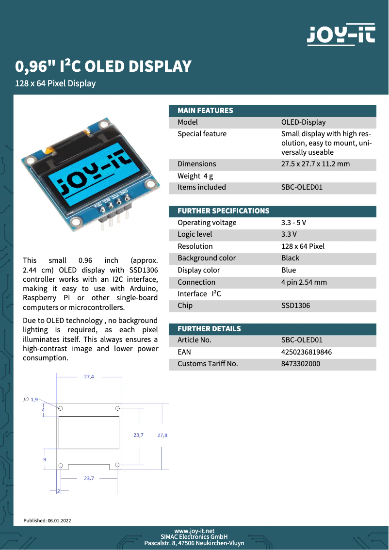 Imagen de la primera página del manual del dispositivo SBC-OLED01