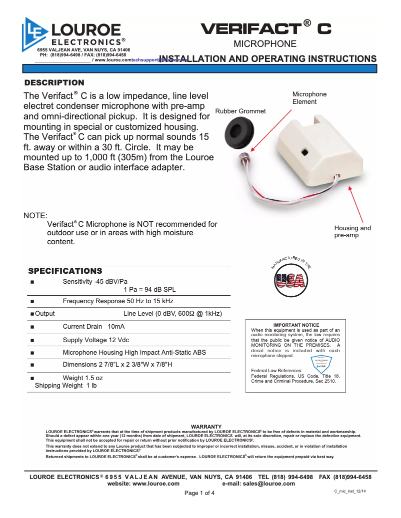 Page 1 de la notice Manuel utilisateur Louroe Electronics Verifact C