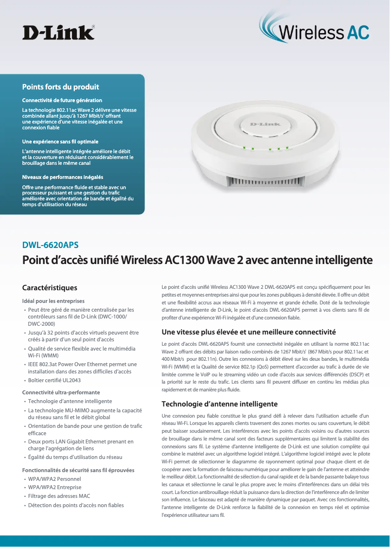 Page 1 de la notice Fiche technique D-Link DWL-6620APS