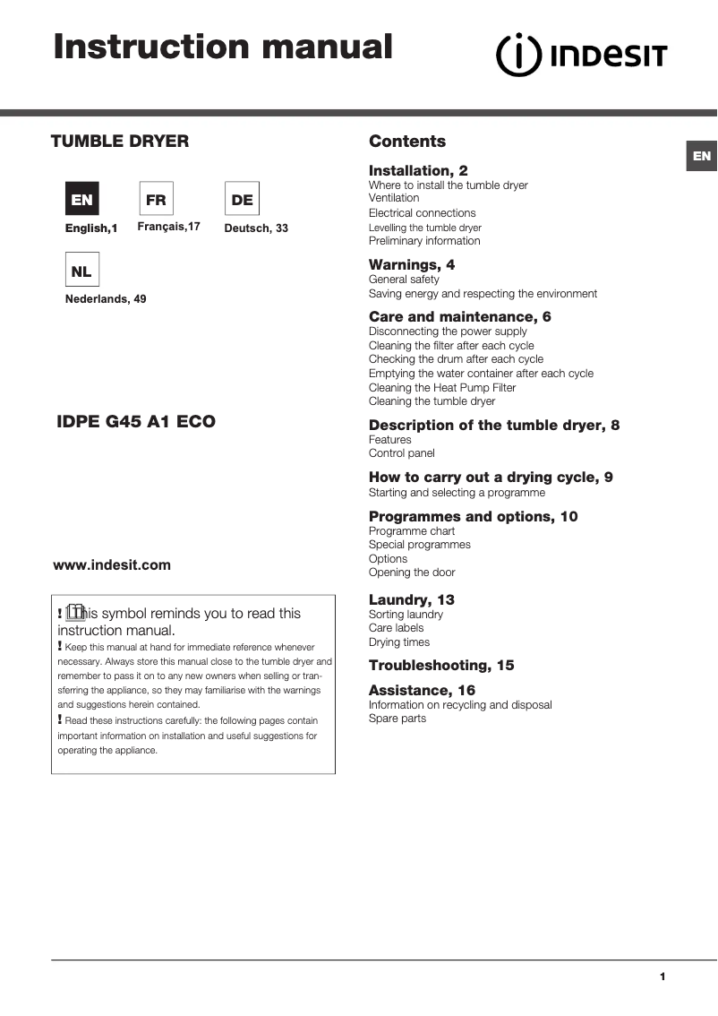 Page 1 de la notice Manuel utilisateur Indesit IDPE G45 A1 ECO (EU)