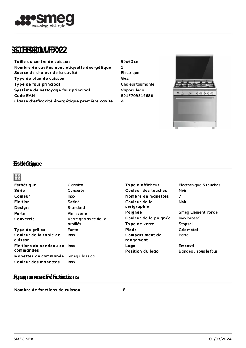 Page n°1 - Fiche technique Smeg SCB90MFX2