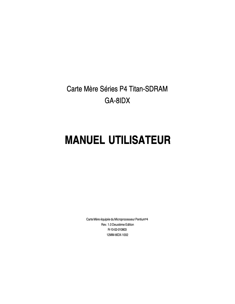 Page 1 de la notice Manuel utilisateur Gigabyte GA-8IDXH