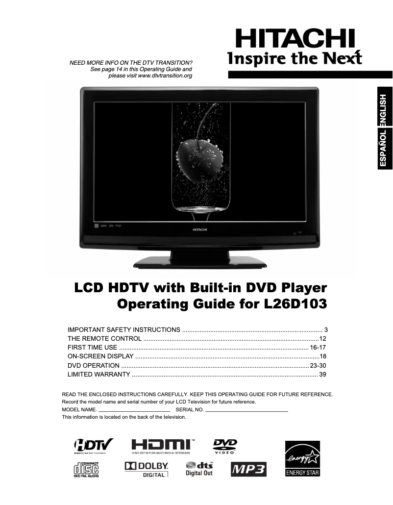 Image de la première page du manuel de l'appareil L26D103