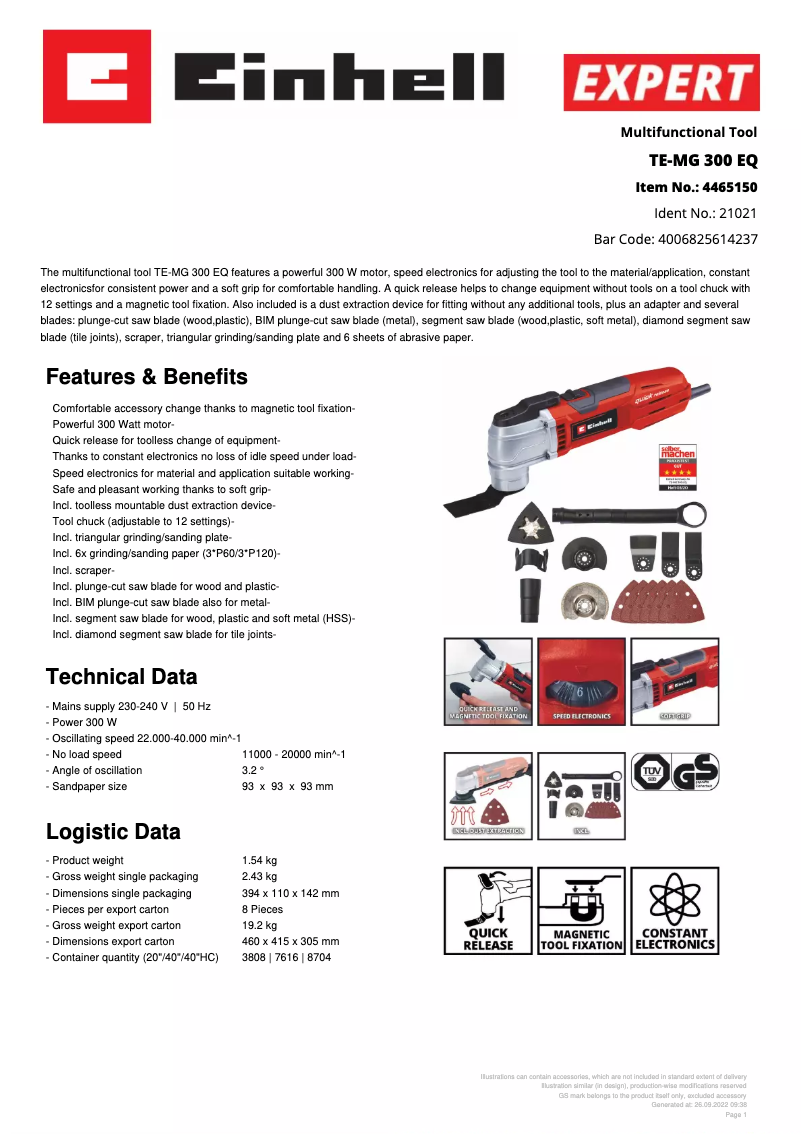 Page 1 de la notice Fiche technique Einhell TE-MG 300 EQ