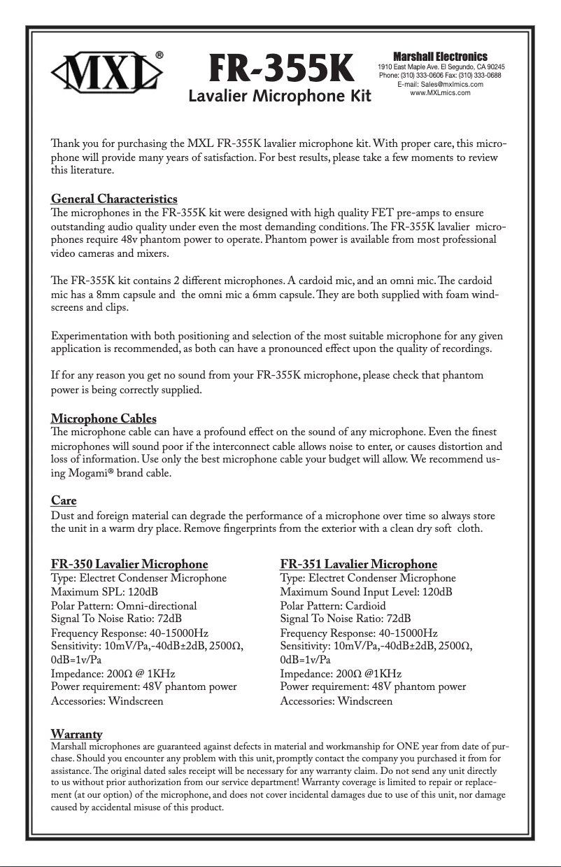 Page 1 de la notice Manuel utilisateur MXL FR-355K