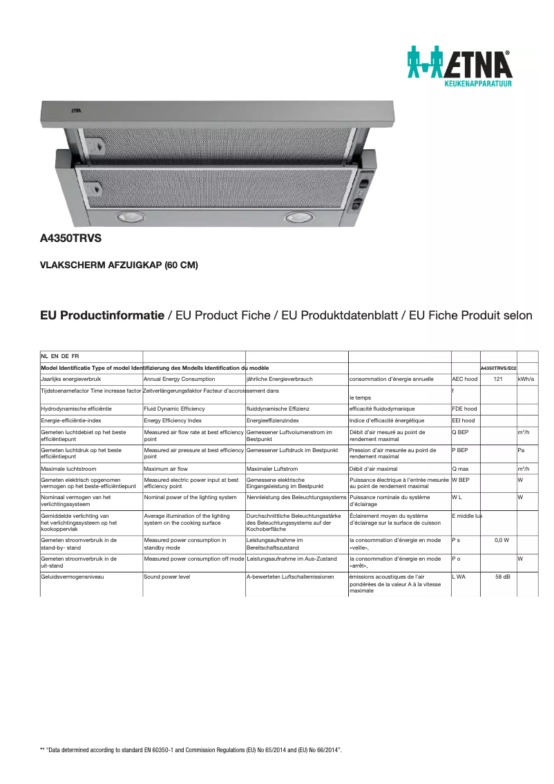 Page 1 de la notice Fiche technique Etna A4350TRVS