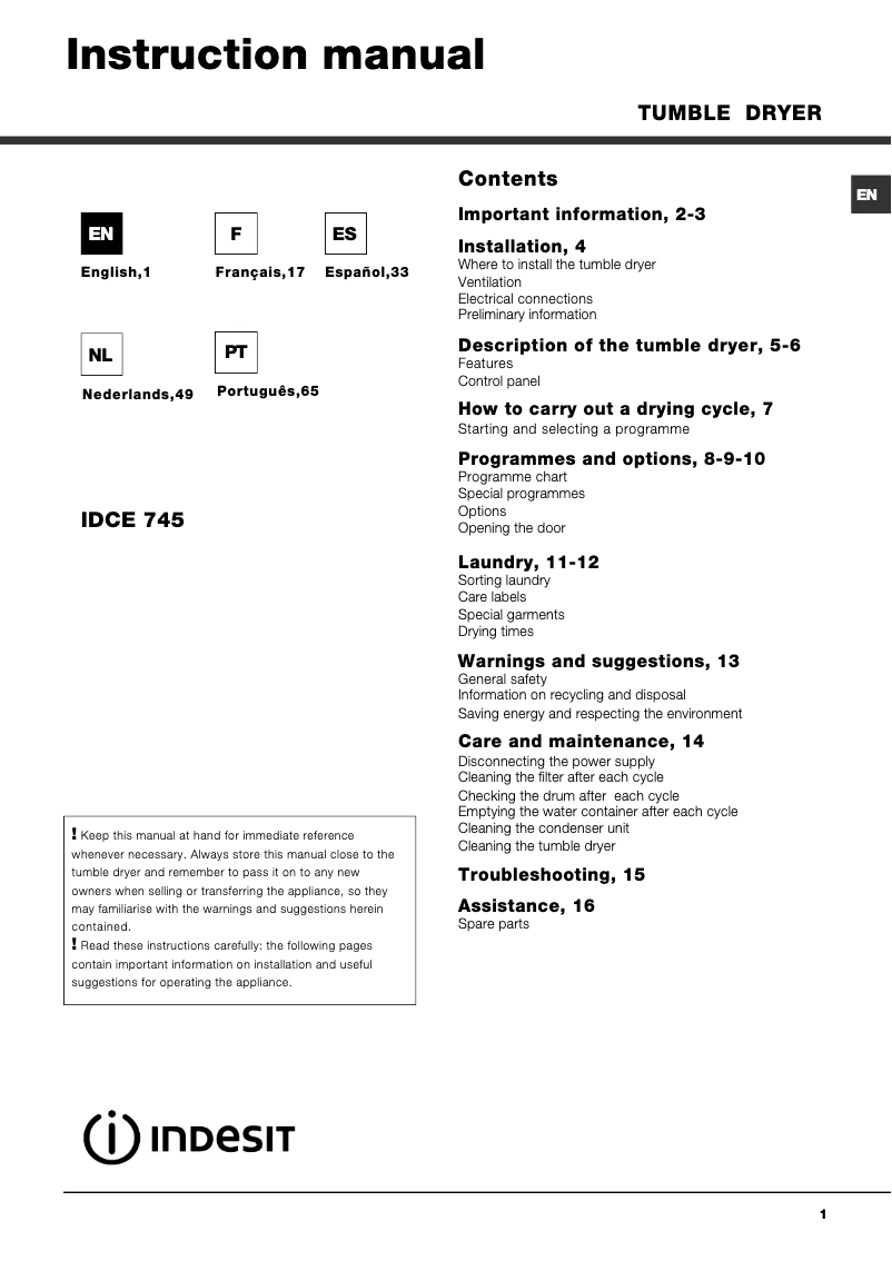 Page 1 de la notice Manuel utilisateur Indesit IDCE 745