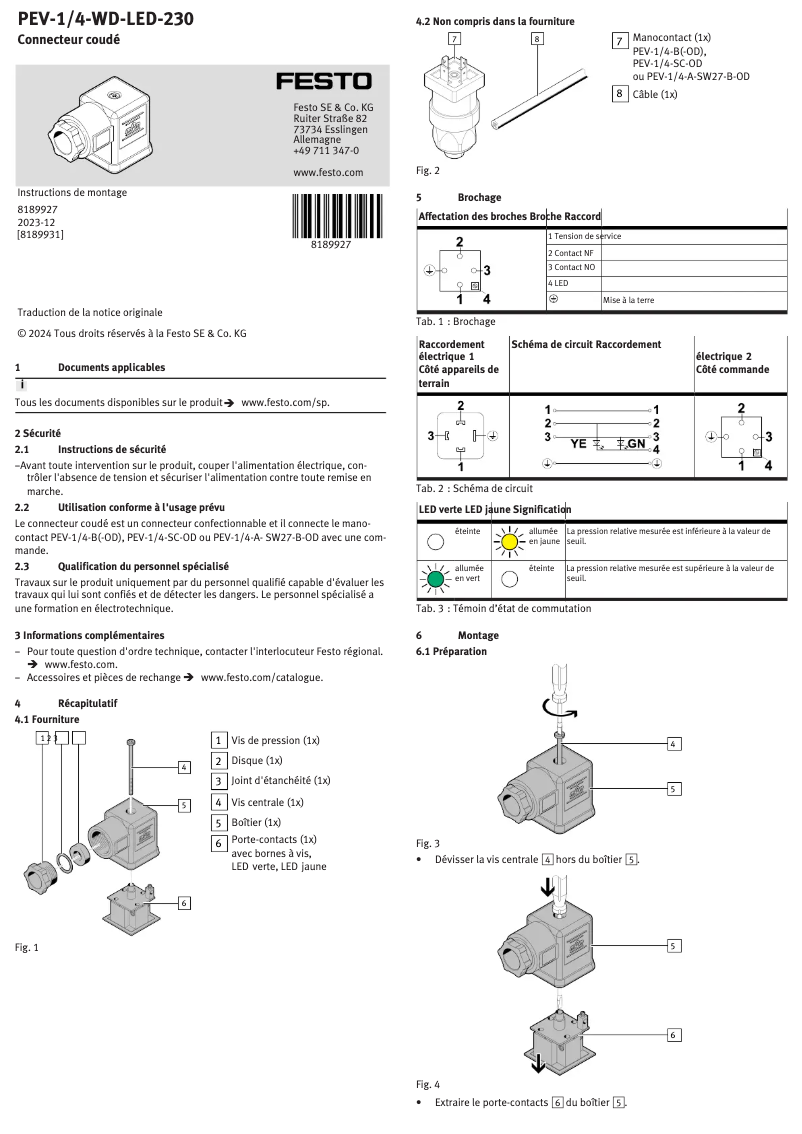Page 1 de la notice Manuel utilisateur Festo PEV-1/4-WD-LED-230